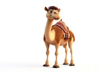 Naklejka premium Cartoon Camel Character Standing on White Background with Saddle