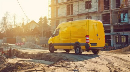 A construction services company van parked outside a residential construction site.