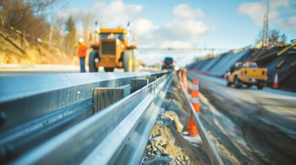 A construction team installing highway guardrails and safety barriers along a newly constructed stretch.