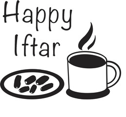Happy iftar vector illustration with blackand white style for ramadhan theme