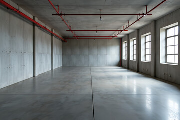 Empty industrial space with polished concrete floor, red ceiling pipes, and large windows in modern commercial building interior

