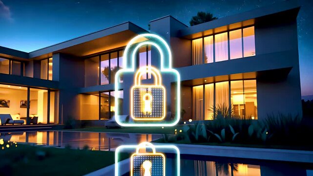 Modern smart home protected by digital glowing lock icon in cybersecurity concept
