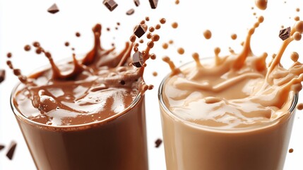 Dual Chocolate Milk Splashes: A Delectable Contrast in Creamy Beverages isolated