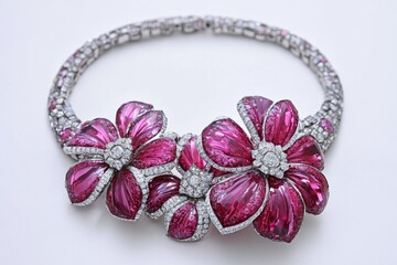Luxury Diamond and Ruby Flower Necklace on White Background