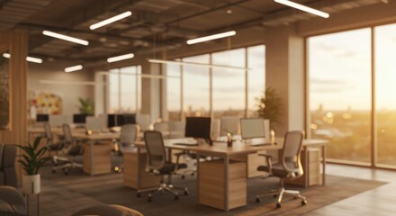 Blur Cozy Open Space Office with Warm Lighting