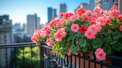 Pink petunias blooming on balcony with cityscape in background