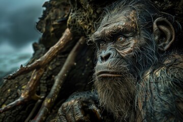 Obraz premium Ancient Timeline: prehistoric primitive, early hominin, cave-dweller, proto-human, Stone Age human, archaic Neanderthal, primal figure, primordial ancestor, premodern troglodyte, BC period .