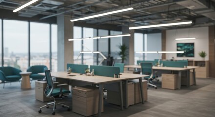 Blur Open Plan Office with Green Chairs