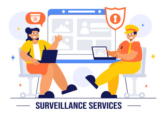 Surveillance Services Vector Illustration Featuring Various Technologies Used to Monitor and Supervise Activities in a Specific Area in a Background