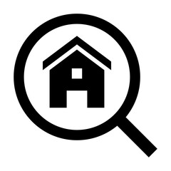 Property search solid icon, representing house hunting, real estate listings, and location-based property searches. Symbolizes finding a home, rental search, and real estate browsing