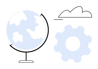 Simplified globe beside a gear and cloud emphasizes global connection, technology, and collaboration. Ideal for innovation, teamwork, environment, global tech, cloud services, education flat simple