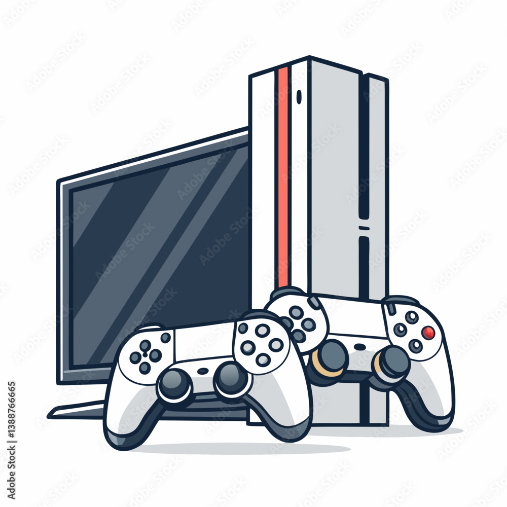 Poster create a bold vector illustration of a stylish game console setup, including controller, headset, an