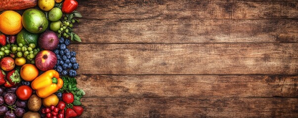 Assortment of fresh fruits & vegetables arranged on rustic wooden table, view from above, top down perspective