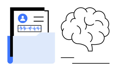 Medical file with patient details and ECG line next to brain outline. Ideal for medical research, healthcare, science, neuroscience, data management, mental health, and innovation. Flat simple