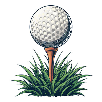 Create a vector illustration of a golf ball on a tee, featuring a bold, thick black stroke outline.  The style should be clean and simple.