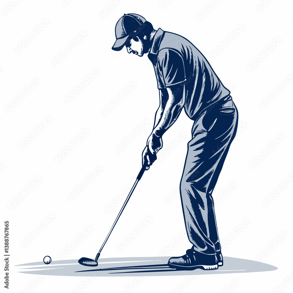 Poster create a bold vector illustration of a golfer meticulously lining up a putt on a green, emphasizing 