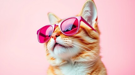 Naklejka premium Close-Up Shot Of An Orange Tabby Cat Wearing Oversized Red Framed Glasses And Against A Pink Backdrop, animal fashion and playful style