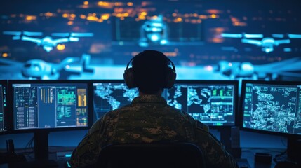 Soldier Monitoring Screens with Planes for Military Surveillance Operations at Night