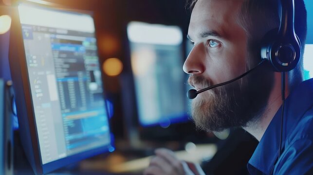 Experienced call center operator managing multiple calls efficiently. Minimalist