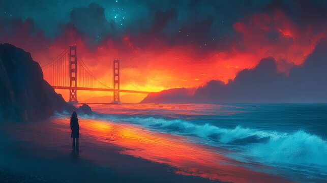 Golden Gate Bridge at sunset. Silhouetted figure on beach facing ocean. Dramatic, colorful sky