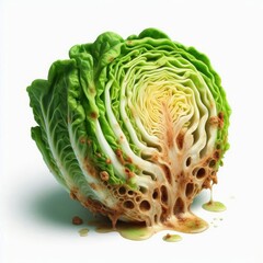 Obraz premium Decomposing lettuce heart displaying decay process on a white backdrop
