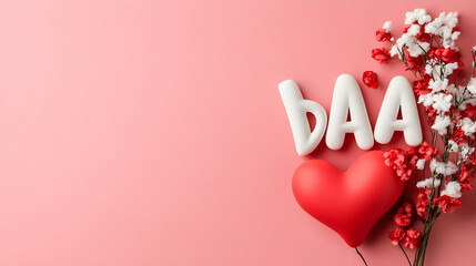 White Baa Letters with Red Heart and Pink Flowers on Pink Background