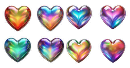 Colorful Heart Shapes with Glossy Finish in Vibrant Hues and Patterns, Bundle Set Collection, Isolated on Transparent Background