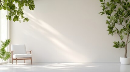 Obraz premium A white armchair with wooden legs sits in a minimalist room. Sunlight streams through a window, illuminating plants flanking the wall. The image is high-resolution, with soft lighting. Its a calm, s
