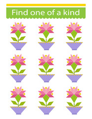 Obraz premium Fun educational game for kids. Need to find one of a kind pink flower. Kids activity page.