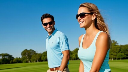 Young golfers wearing sunglasses walking across the green fairway, enjoying a relaxed and stylish summer golf lifestyle