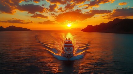 Boat sailing at sea during a brilliant sunset, mountains visible