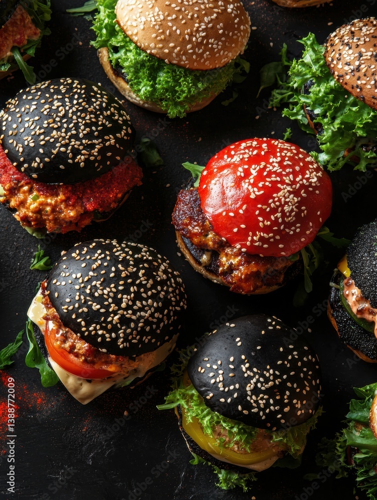 Poster assorted colorful burgers with unique buns and fresh toppings in ambient lighting create a vibrant c
