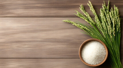 White Rice in a Wooden Bowl with Rice Plants on Wooden Table