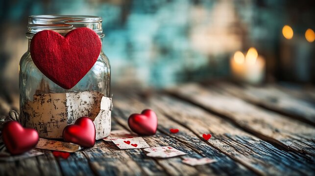 Close up of rustic wooden table decorated with Valentines Day elements a jar holding a heart shaped ornament and textured paper creating an abstract romantic vibe with a grunge style