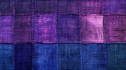 Handmade textile with indigo blue and purple hues featuring stitched seams