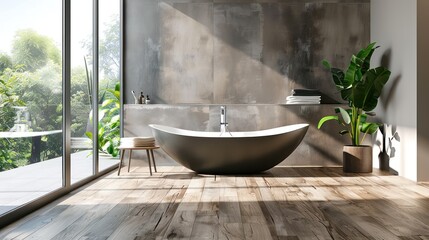 Stylish bathroom tile flooring with wood-look finish. minimalist,