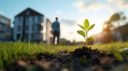 Young Plant Growing in Front of New Housing Development at Sunrise