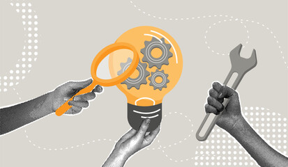 Trendy halftone collage. Innovation and problem solving, creativity. New business product launch concept, product development, process optimization, performance concept.