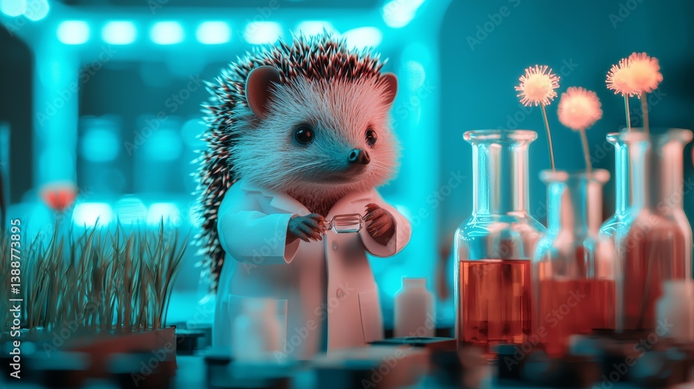 Poster surreal laboratory experiment hedgehog scientist science lab digital art futuristic environment uniq