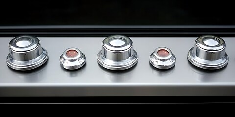 A close up shot of metallic appliance control knobs