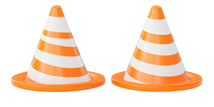 Realistic 3d Illustration of Orange and White Traffic Cones on Transparent Background
