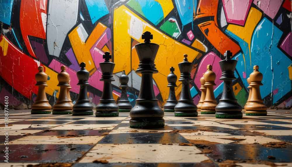 Poster a dynamic close-up of chess pieces standing on a chessboard, set against a vibrant and colorful graf