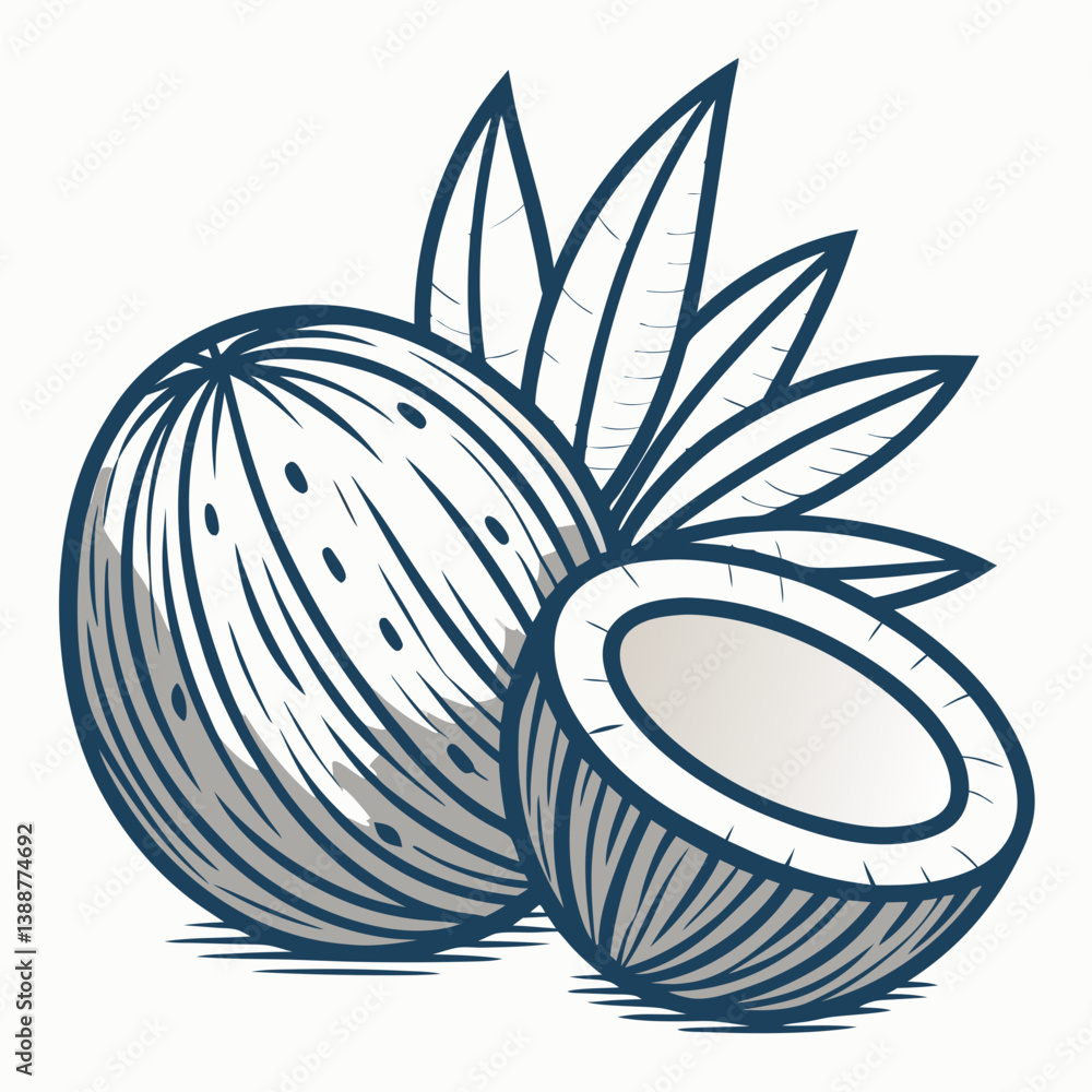 Poster create a bold, minimalist vector illustration of a coconut; emphasizing clean lines and a strong str
