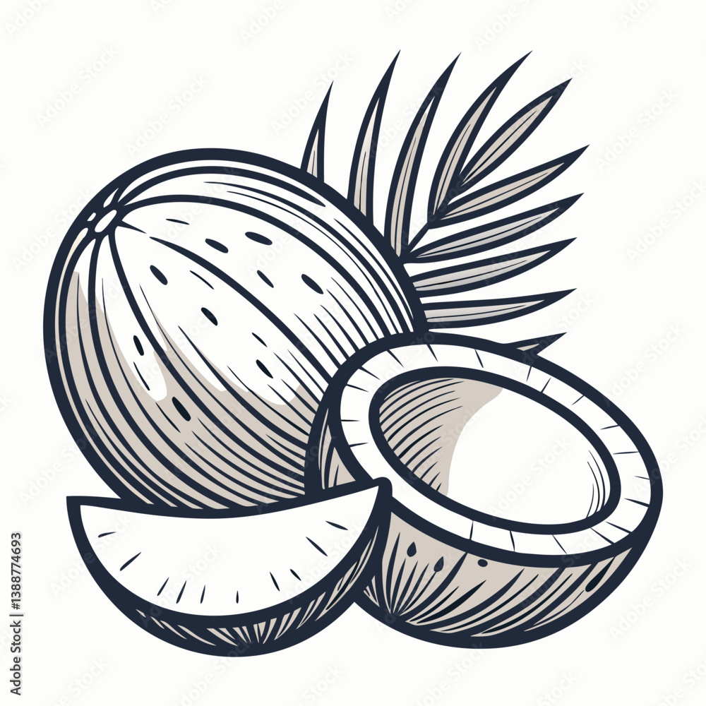 Poster create a bold, minimalist vector illustration of a single coconut with a thick, black stroke. focus 