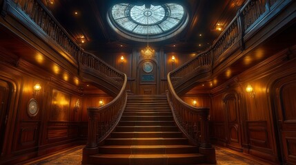 Obraz premium Ornate wooden staircase in grand hall, lit by chandelier and skylight