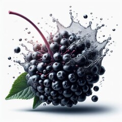 Vibrant elderberries cluster bursts with freshness in a dynamic water splash scene