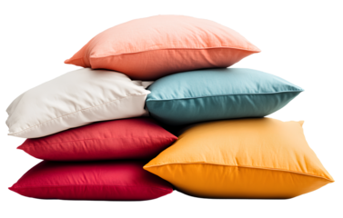 Pile of cute, colorful pillows isolated on a transparent background