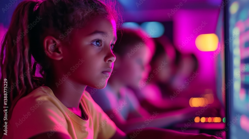 Poster focused child engaged in computer activity with colorful lighting, showcasing concentration and inte