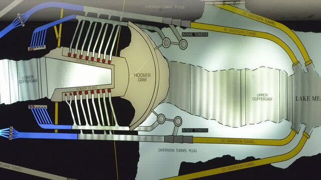 This colorful depiction details the inner workings of Hoover Dam, showcasing water flow, energy generation, and the connection between Lake Mead and the dam's structure.