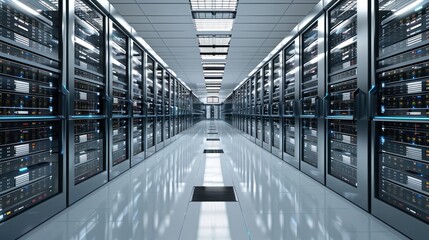 Obraz premium Data warehouse interior with rows of computer servers and data storage. minimalist,